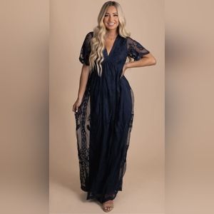 Bella Ella - Dark Blue Navy Simple Serenity Lace Maxi Dress - L Large - LNWOT
